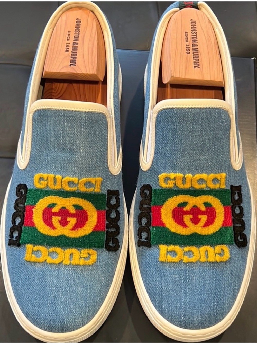 Gucci Men’s Denim Slip-On Sneakers with Multicolor Embroidered Logo